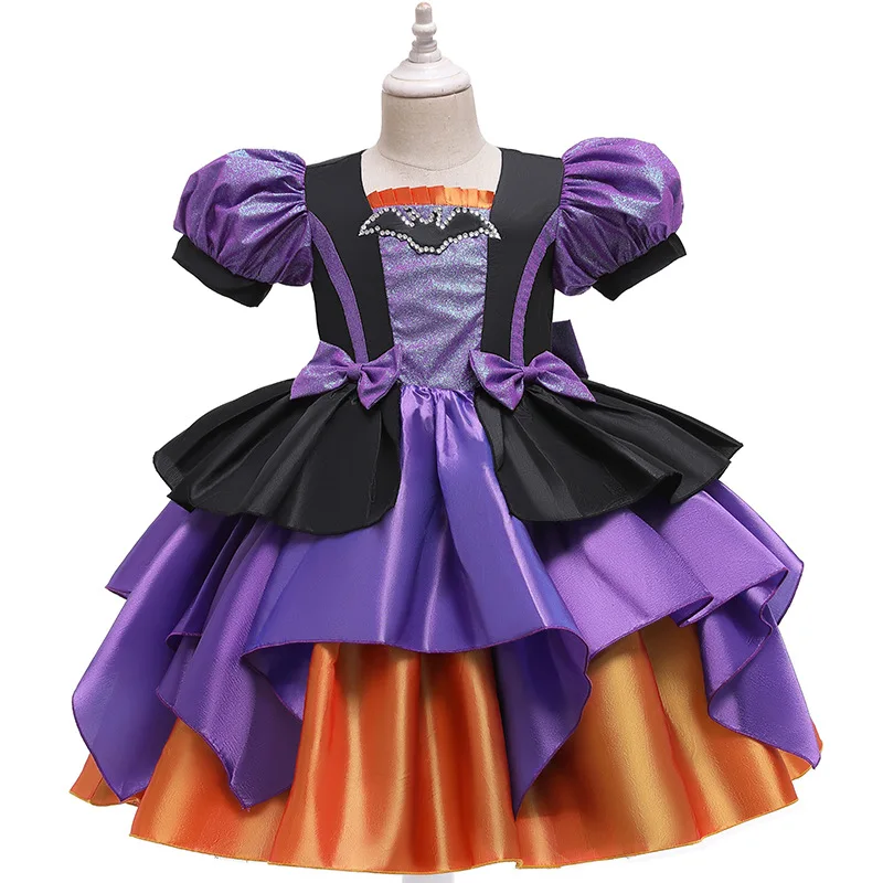 Girls Fancy Pumpkin Halloween Dress Kids Cosplay Bat Print Witch Costume Festival Party Ball Gown Children Princess Dress