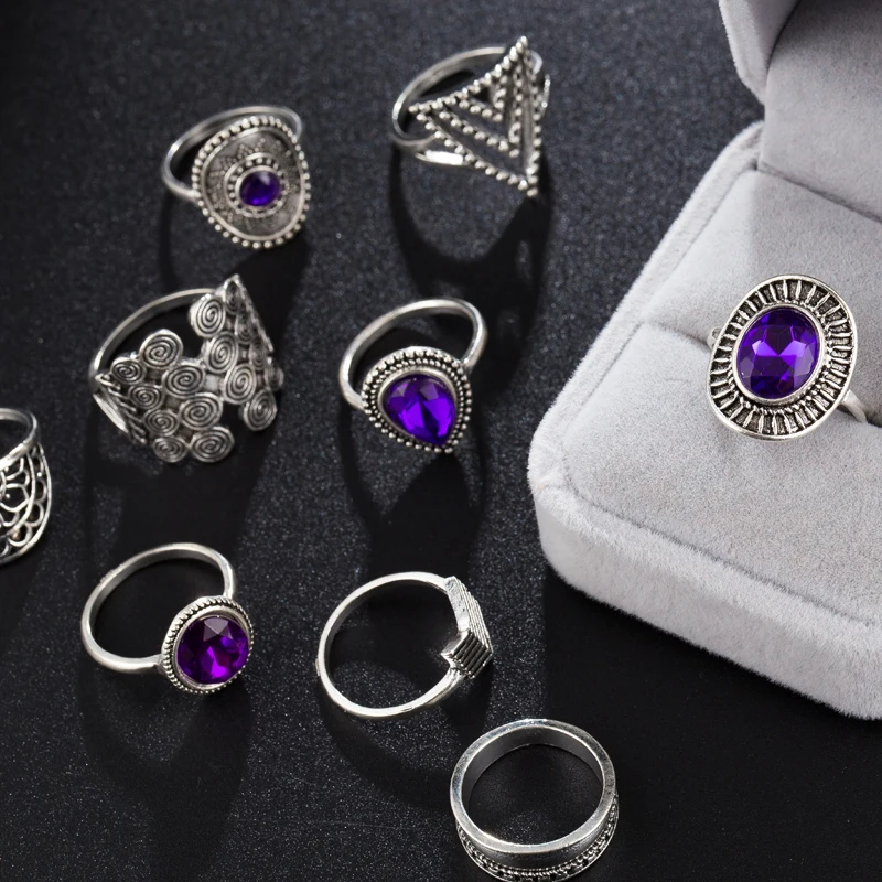 Tocona 9pcs/set Punk Silver Color Crystal Gem Stone Carved Flower Rings Set for Women Vintage Boho Gothic Jewelry Anillos 8261