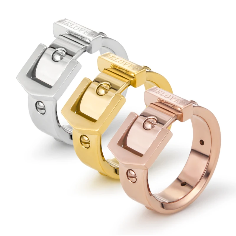 Punk Nail Belt Buckle Ring For Women Men Stainless Steel Rose Gold Color Rings Love Screw Luxury Jewelry Weeding Gift