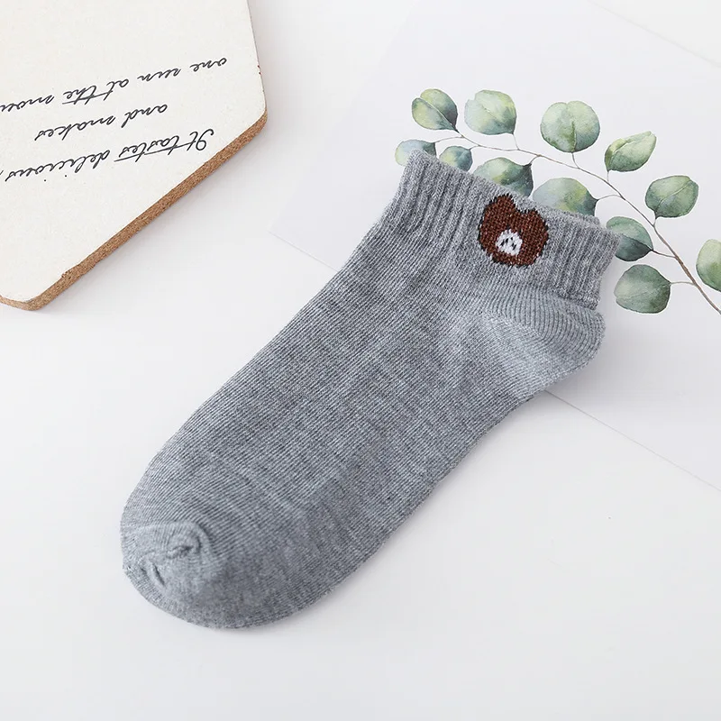 10 Pieces = 5 Pairs Women Short No Show Socks Set Cute Cartoon Bear Head Ankle Invisible Cotton Sock Slippers Korean Japan Funny