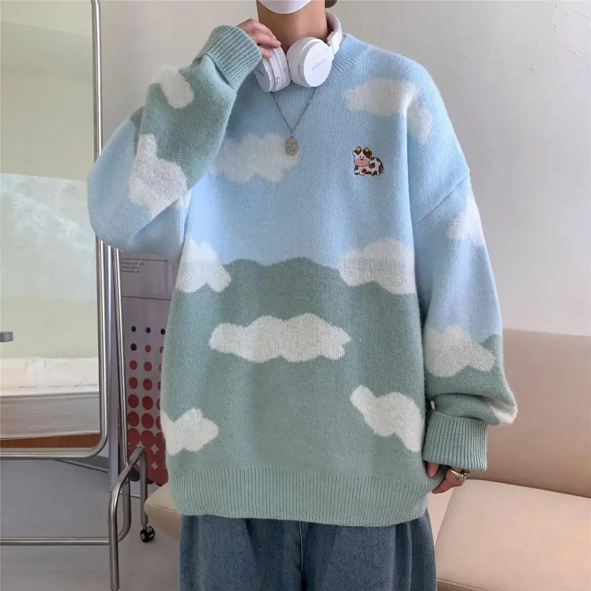 2021 Sky Blue Cute Cow Print Clouds Fashion Sweater Women Winter Clothes Oversized Couples Fashion Knitted Tops Harajuku Kawaii