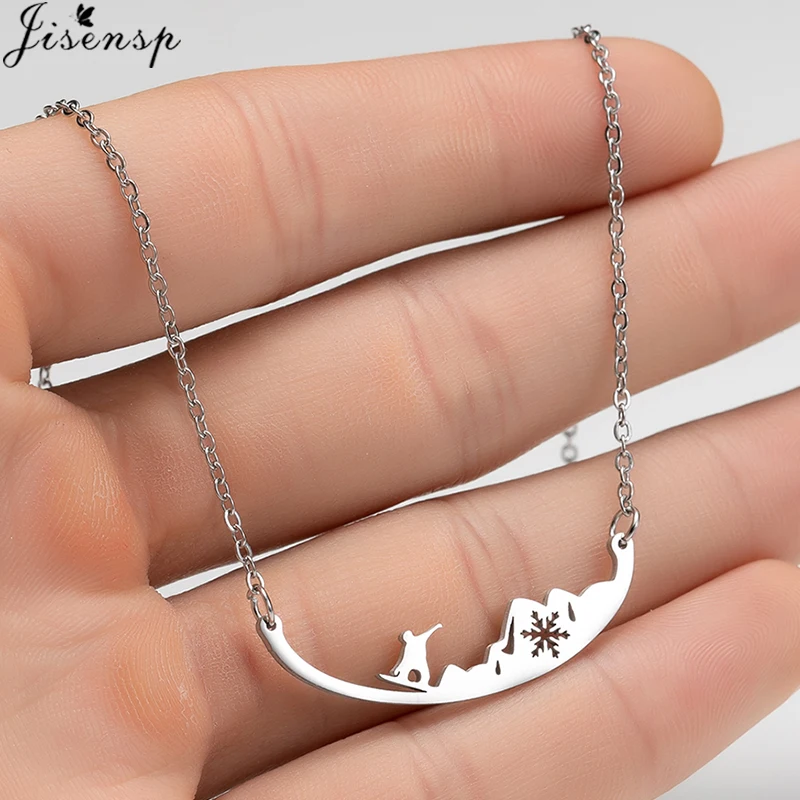 jisensp Snow Mountain Range Pendant Necklace 2020 Trendy Snowboarder Stainless Steel Necklace Women Skiing Jewelry Sports Gifts