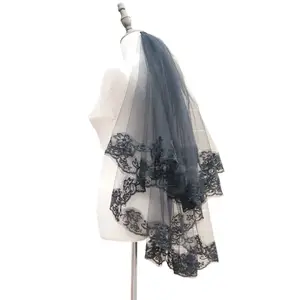 Frauenhochzeitsschleier mit einer Schicht, schwarze Makelle, Stickerei, Blumen, mit Spitze, für Hexen, Cosplay, reines Haarzubehör 12 Hauptverkäufe Mantilha - №4