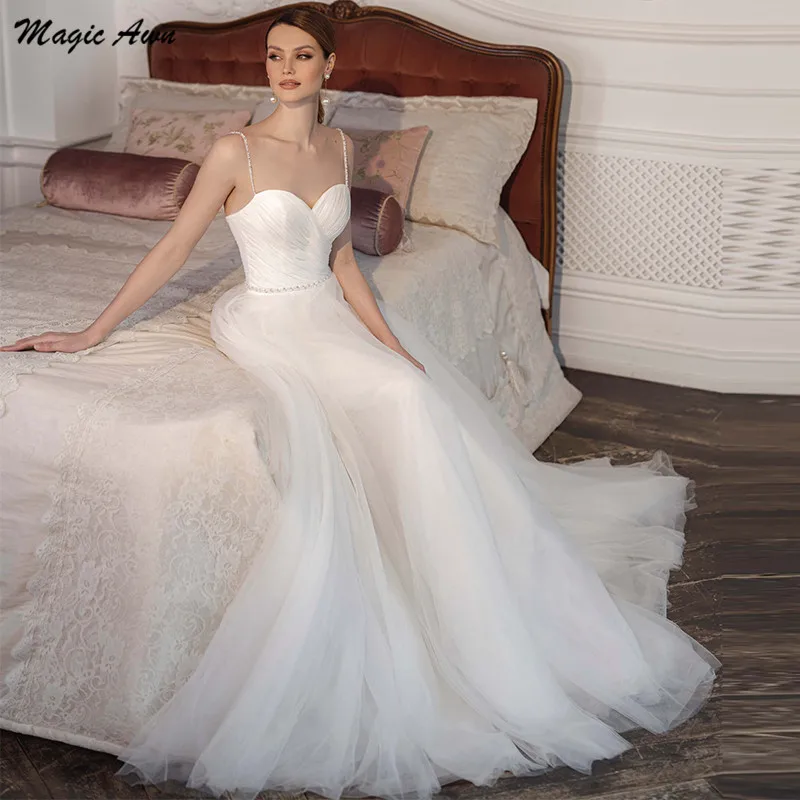 Magic Awn-vestidos de boda elegantes con correas espaguetis con cuentas plisadas, vestidos de novia simples de marfil, vestido de fiesta de boda modesto, 2021