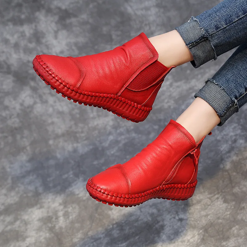 Genuine Leather Shoes Women Boots 2024 Autumn Winter Fashion Handmade Ankle Boots Warm Soft Outdoor Casual Flat Shoes Woman