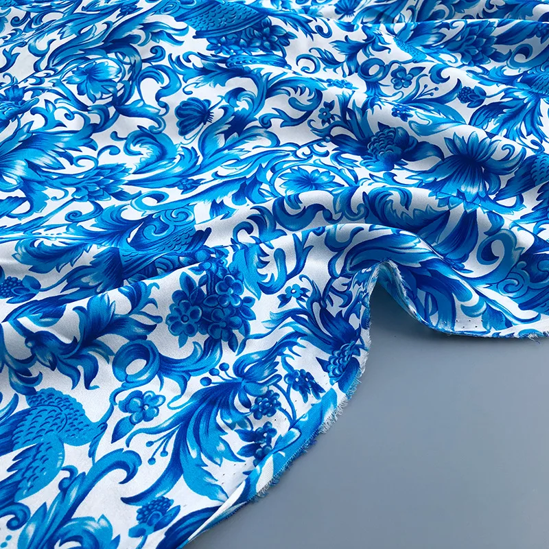 Printed Blue White Porcelain Pattern Imitation Silk Stretch Satin Polyester Soft Fashion Ladies Shirt Scarf Diy Fabric Cloth