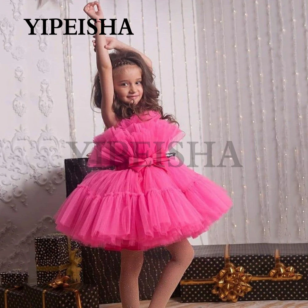 Eenvoudige V-hals Mouwloze Baljurk Tulle Bloem Meisje Jurken A-lijn Roze Kids Bow Dress Платье Для Девочки Vestidos