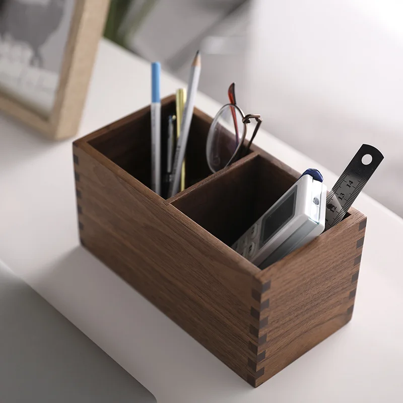 Amgo Walnut Remote Control Storage Box Wood Desktop Multi Grids Organizer Phone Pen Holder Container for Home Office