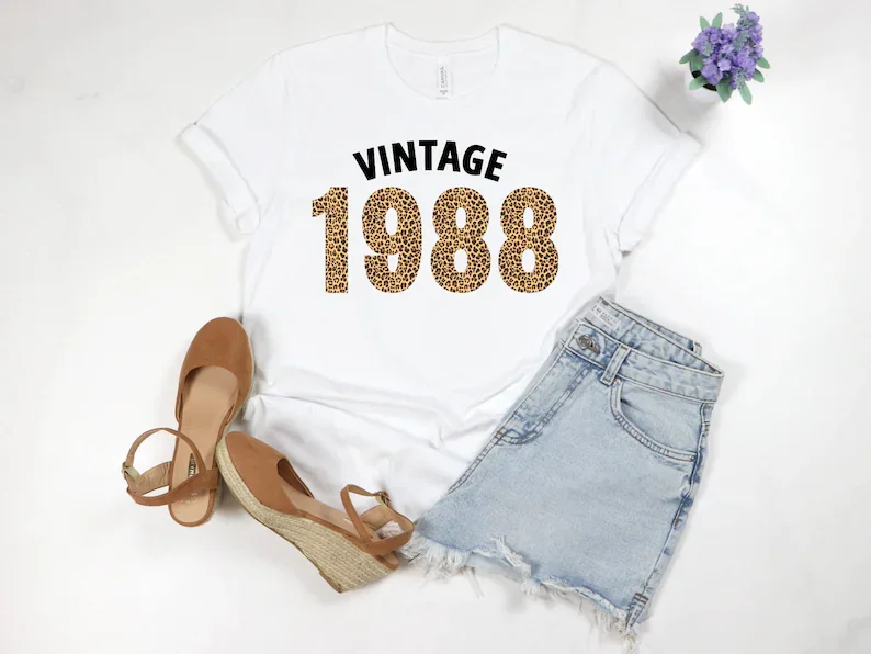 

Vintage 1988 Leopard Print 33rd Birthday Bday Gift For Her Year Old Bday Short Sleeve Cotton Funny Letter Print Graphic O Neck