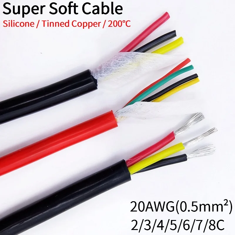 Copper Wire 20AWG Super Soft Silicone Rubber Sheath Wire 2 3 4 5 6 7 8 Cores Insulated Flexible High Temperature Power Cable