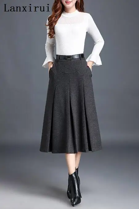 

New Fashion OL Autumn Winter Women Wool Skirts High Waist Casual Midi Pleated A-Line Skirt Female