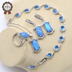 Luxury 925 Silver Blue Opal Bridal Jewelry Sets Rings Earrings Bracelets Pendant Wedding Necklace For Women