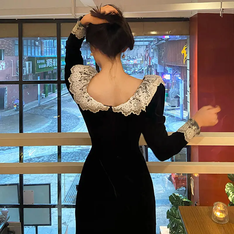 Long Sleeve Dress Women Lace Side Split Design Velvet All Match Vintage Classic Fashion Korean Elegant Ladies Party Vestidos Ins