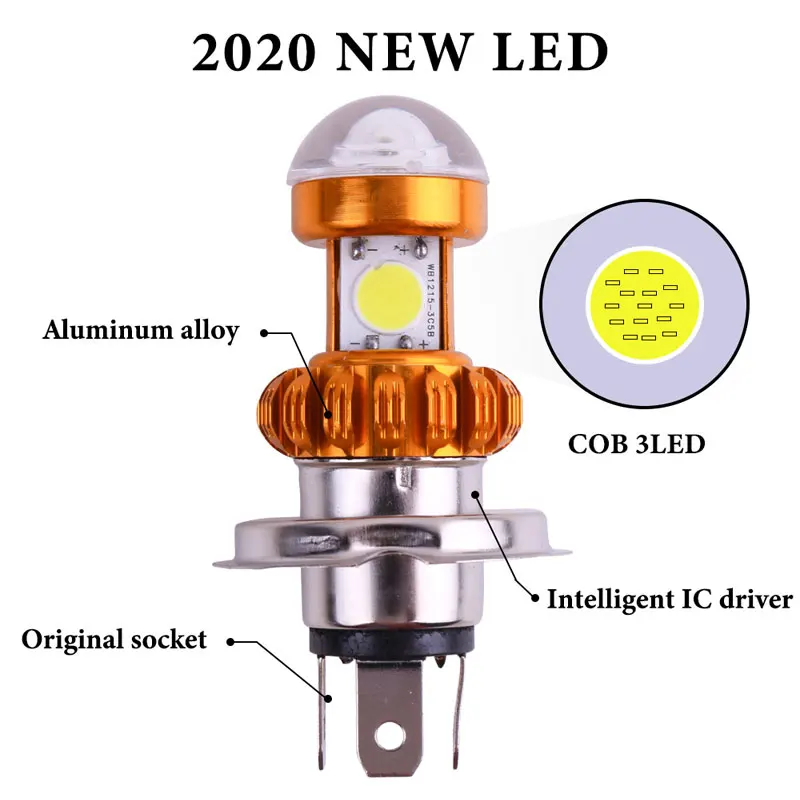 1PC H4 BA20D 3SMD Motorcycle Headlight Hi/Low Scooter Bulb COB Bulb 12V-96V Lamp Motor Fog Headlamp Motorcycle Super Brigh