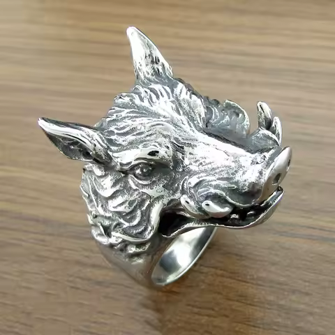 Punk Silver Color 316L Stainless Steel Men's Wild Boar Head Ring Animal Jewelry For Gift