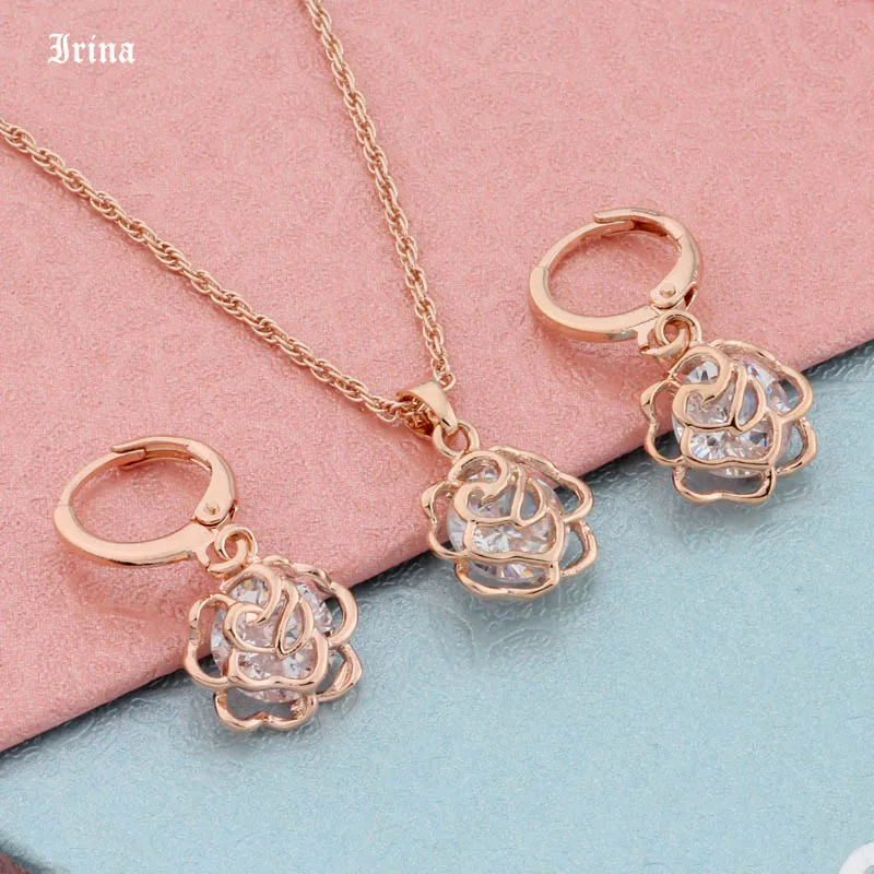 Irina Fashion Design Jewelry Sets Cubic Zircon Hypoallergenic Rose Gold Color Necklace/ Earrings Wedding Jewelry Sets for Women