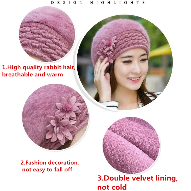 New Arrival Elegant Women Knitted Hats Rabbit Fur Cap Autumn Winter Hat Ladies Female Fashion Skullies Beret Hat