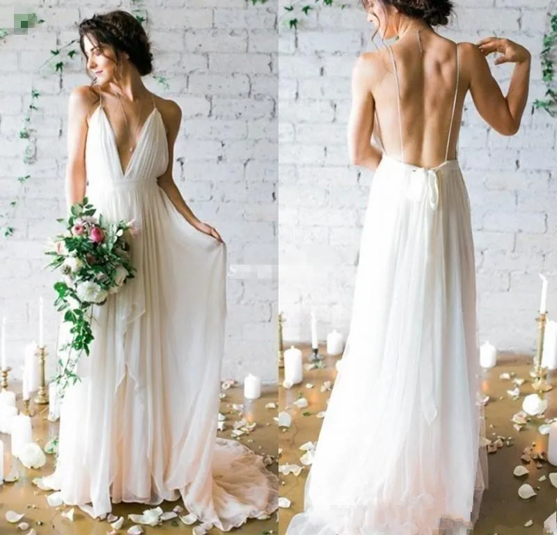 

Boho Wedding Dress 2023 Newest Sexy Backless Spaghetti Straps V Neck A Line Chiffon Beach Bridal Gowns Vestidos De Noiva