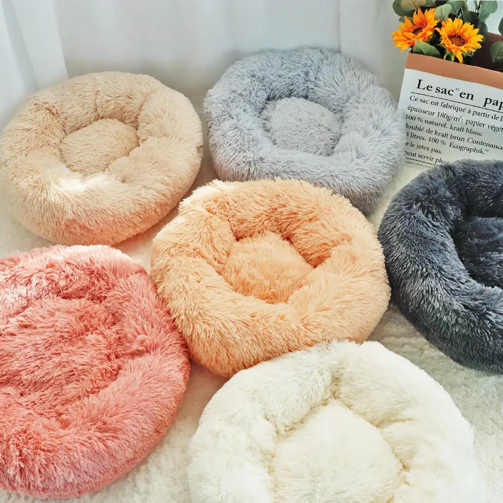 Coussin rond en peluche pour animaux de compagnie, lit chaud pour chien, canapé en polymère, chaise longue, chat, petit, moyen, grand, long, sourire, chenil, chiot, hiver