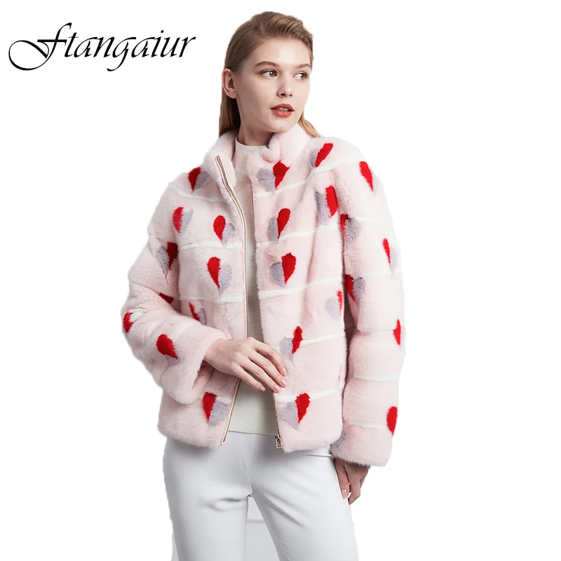 Ftangaiur New Winter Import Velvet Mink Fur Coat Loss Print Red Heart Slim Mink Coat Women Short Natural Real Mink Fur Coats