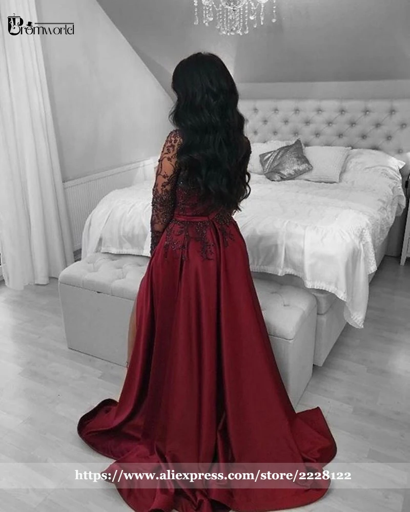 Dark Red Plus Size Evening Dress vestidos de fiesta Illusion Beading Lace Leg Slit Formal Evening Gowns Long Sleeve Prom Dresses