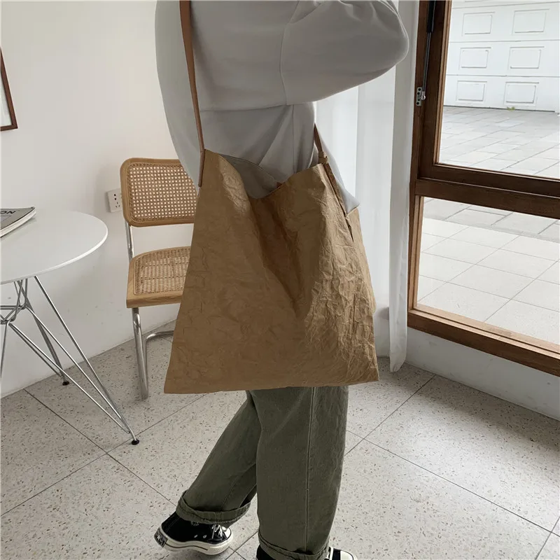 Ladies Kraft Paper Bucket Bag Female 2 Piece Set Handbag Women Simple Design Shoulder Bag Girls Eco Books Bag and Casual Totes