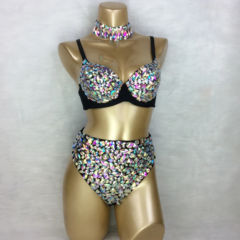 Sparkly Samba Carnival Bra High เอวกางเกง AB สีหินมือ3ชิ้น Sexy Belly Dance เครื่องแต่งกายเวทีแสดงสาวร้อนสวมใส่