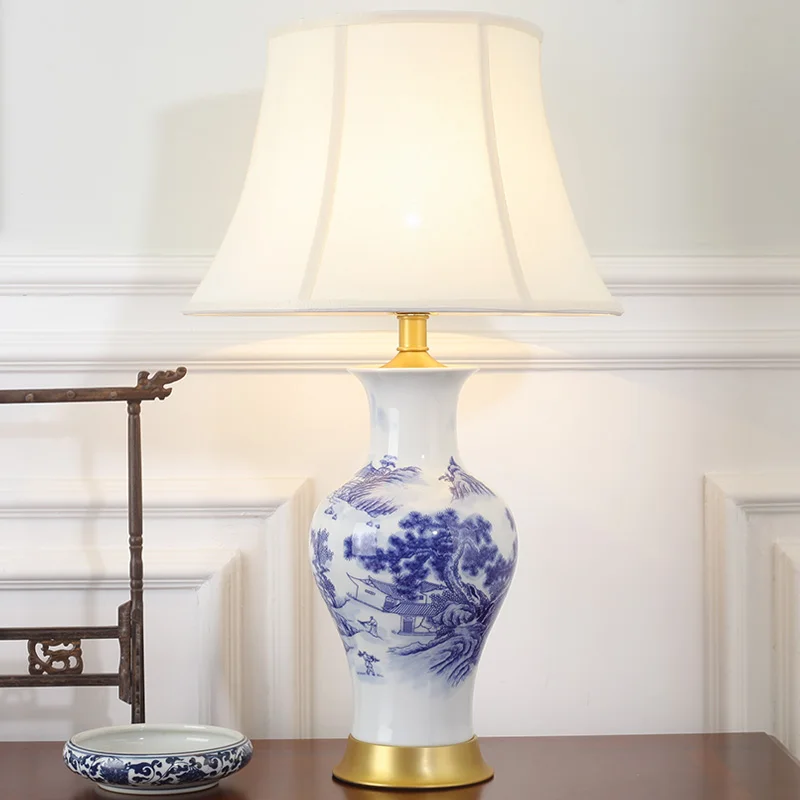 Neoclassical Simple Blue And White Mountains-and-waters Porcelain Table Lamp Bedroom Bedside Lamp