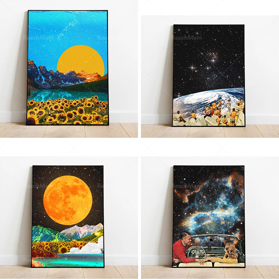 Landschaft, Vintage-Collage, Collagenkunst, Retro-Kunst, Surrealismus, psychedelische Kunst, Reisekunst, surreale Kunst, Mond, Poster, Wandkunst,