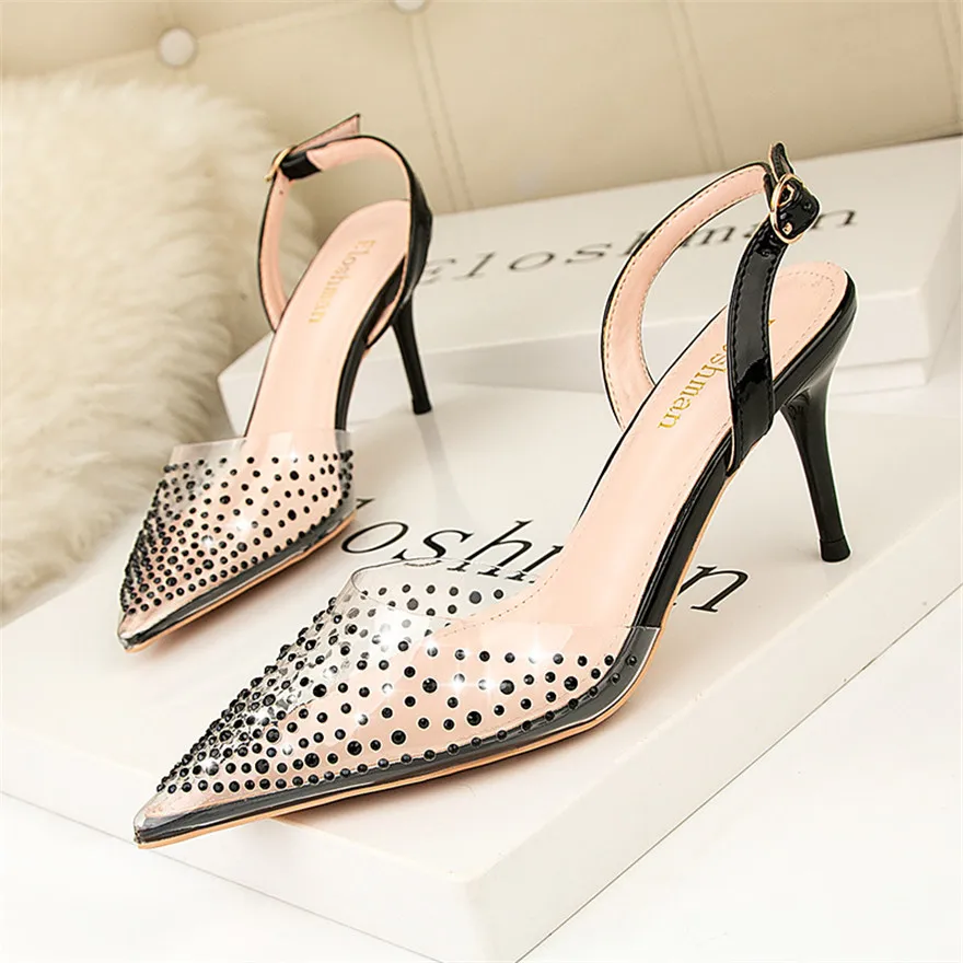 2024 transparente Strass Mode Sandalen für Frauen Rückens chnalle High Heel Schuhe spitzen Zehen Kristall flache Damen Kleid Pumps