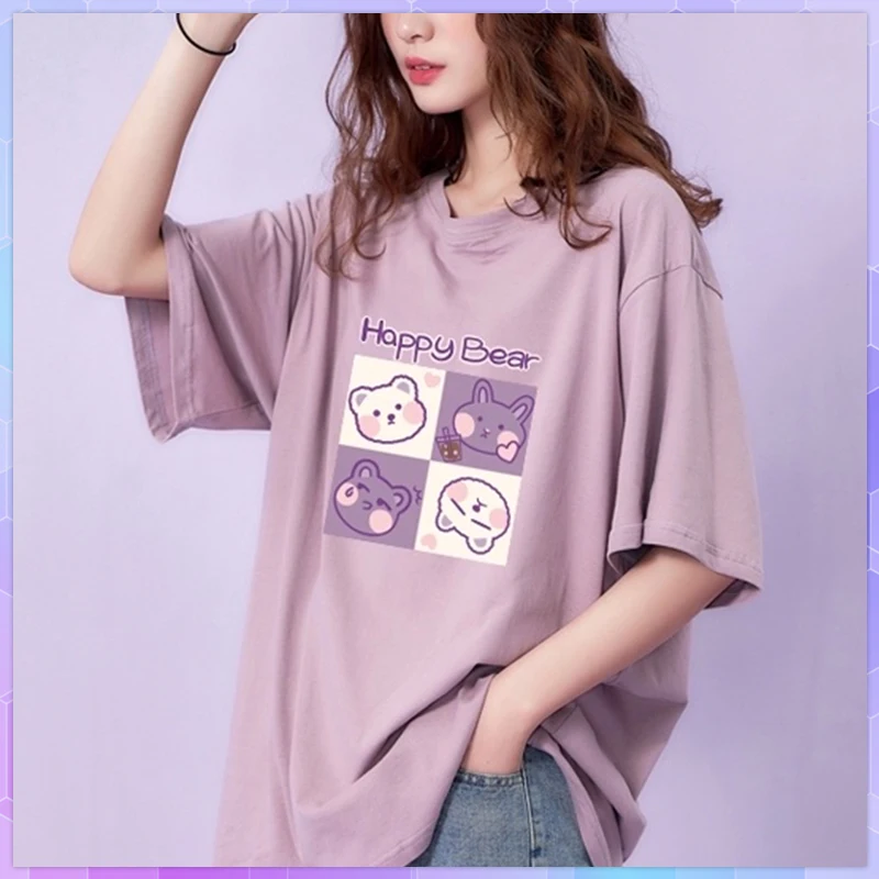 

Plus Size Lovely Cartoon Print Short-sleeved T-shirt Women Cotton Top 2021 Summer Korean T-shirts Funny Loose Bear Tshirt