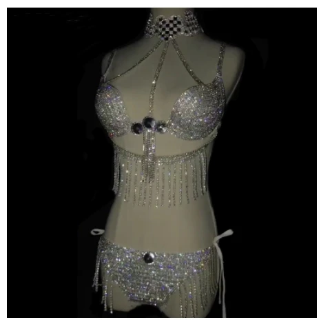 Bling Diamond Model Catwalk Costume Shining Glass Rhinestones Bikini Bra Suit Bar Club Female DJ Singer Pole dance Stage Outfit