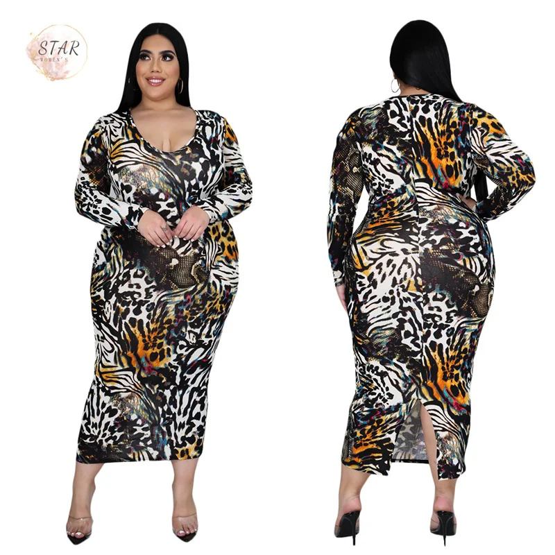 Odzież Plus Size 5XL sukienki dla kobiet 2021 Party elegancka sukienka Maxi wzór w cętki z długim rękawem na wiosnę hurtownie Dropshipping