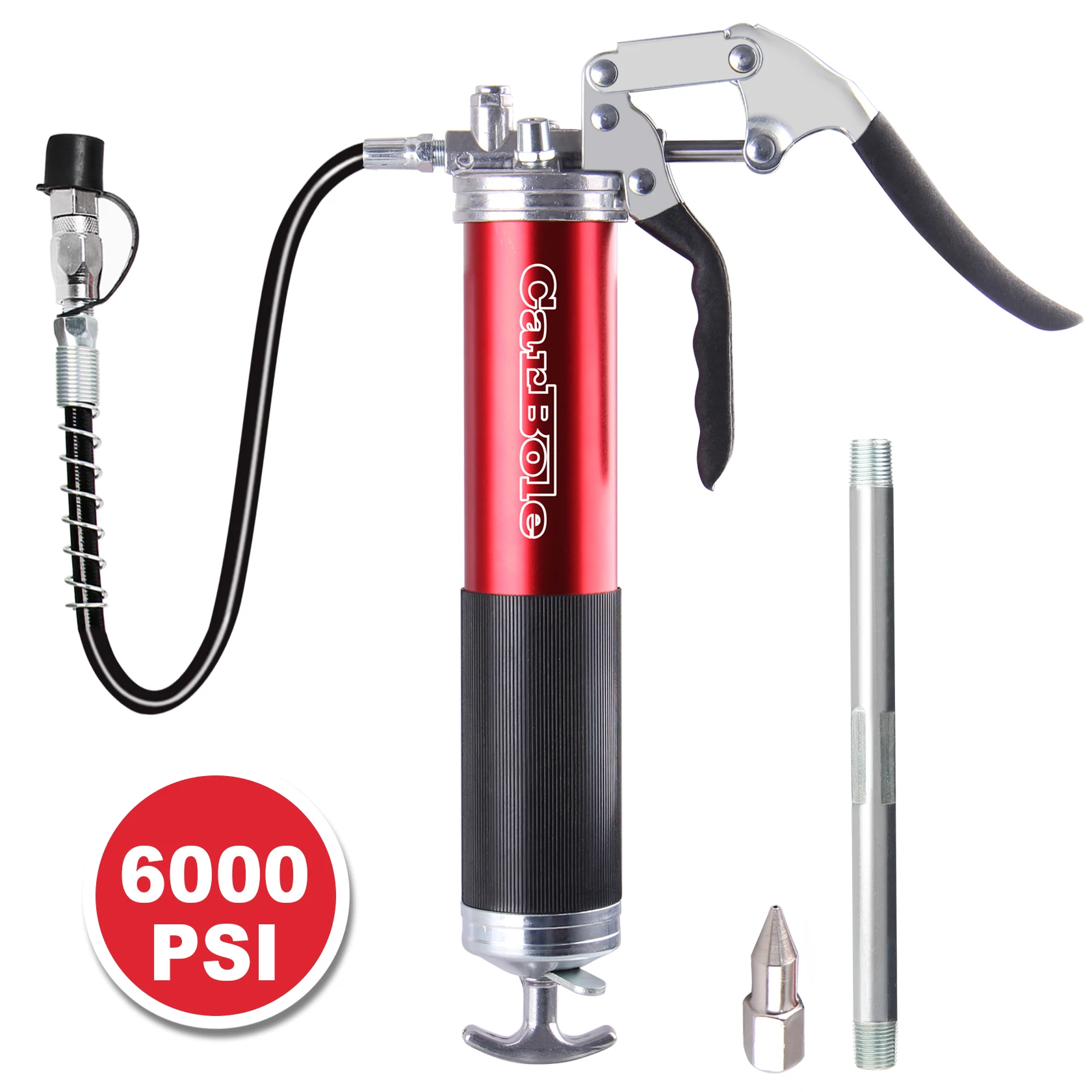 Grease Gun, Professional Pistol Grip Grease Gun with 12 Inch Flex Hose, 2 Reinforced Coupler, 6000 PSI