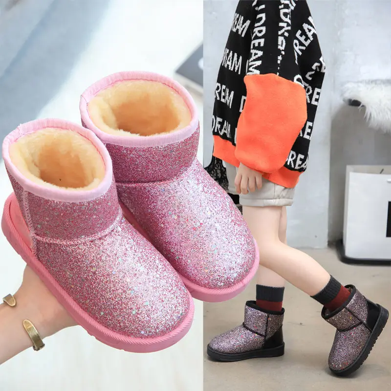 New Year Sequined Kids Cotton Shoes Winter Red Girls Snow Boots For Children Princess Plush Warm Boot Kids Christmas Shoes 3-13T