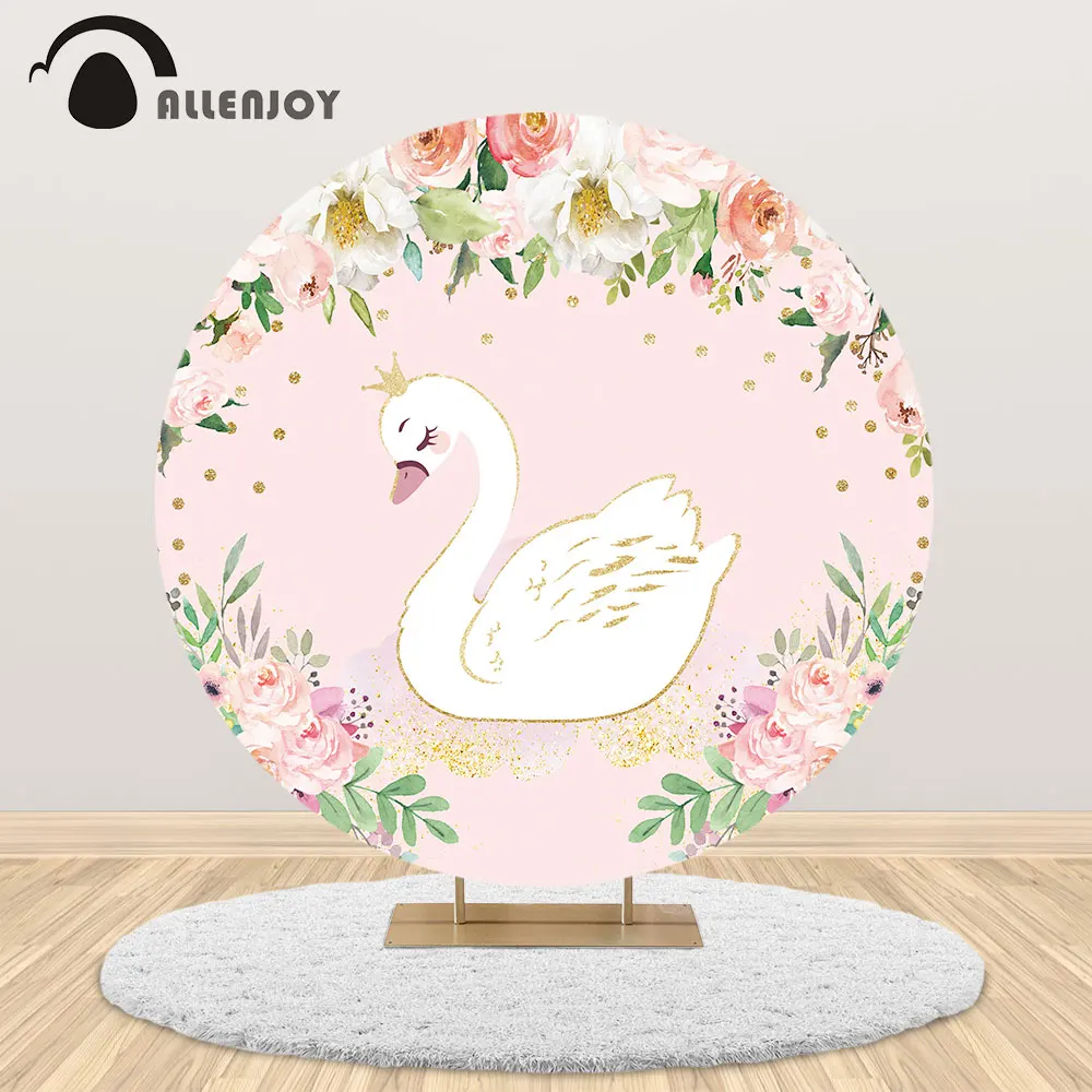 Allenjoy Crown Swan Flower Round Background Circle Backdrop Cover Birthday Party Mother's Day Decor Photocall Photozone Banner