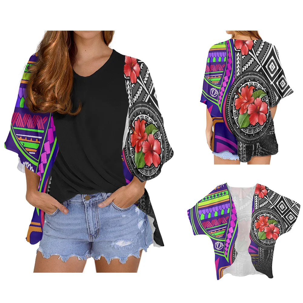 

Polynesia Hibiscus Printing Cloak Chiffon Large Size Cardigan Hawaii Style 2022 Beachwear Casual Travel Loose Open Outer Cape