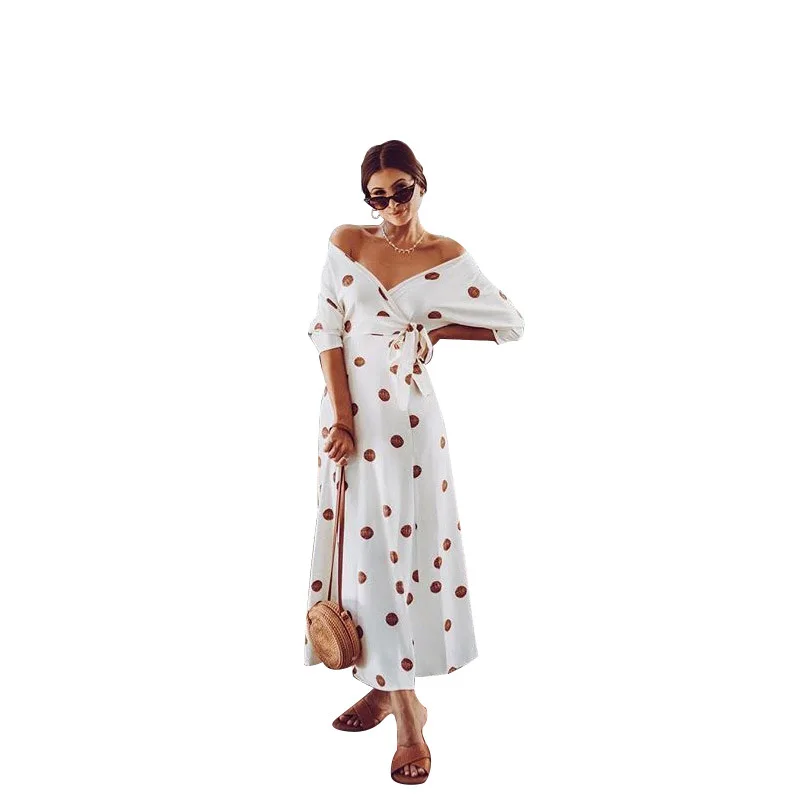 Women Off Shoulder Pilka Dots Bikini Cover Up Chiffon Beach Dress Robe De Plage Pareos De Playa MujerBeachwear Tunic