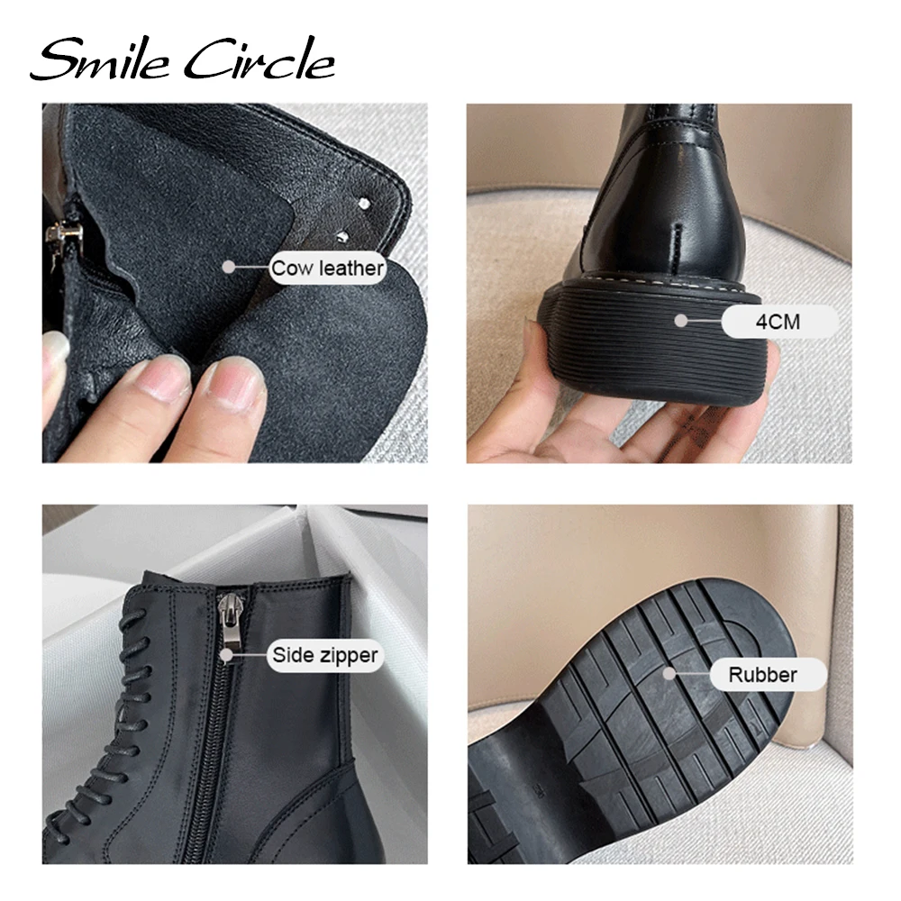 Smile Circle Ankle Boots Women Winter Flats Platform Boots Round Toe Lace-up Motorcycle Boots Ladies Booties Black