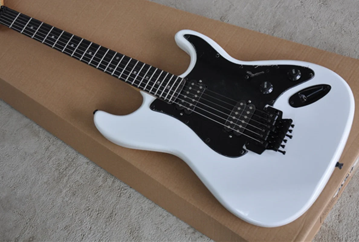 custom star guitar,white basswood body,tremolo bridge,black HH pickups,chrome buttons,electric guitar