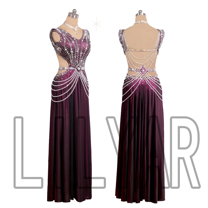 New Latin Dance Dress Competition Dress Costumes Skirt Performing Dress Rhinestones Adult Customize Children Purple Tassel Skirt