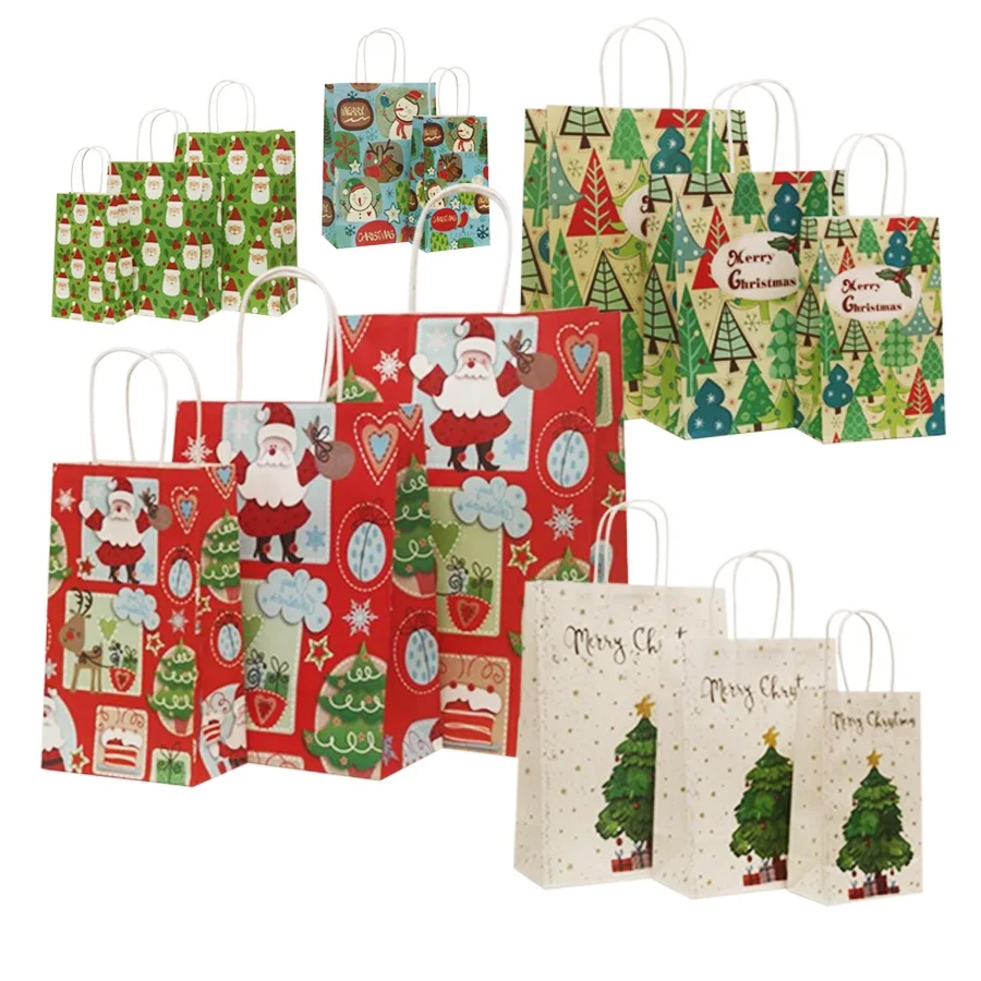 

10 Pcs/lot 27*21*11cm Christmas Paper Bag Decoration Paper Gift Bag For Christmas Event Party With Handles Lovely Paper Bags