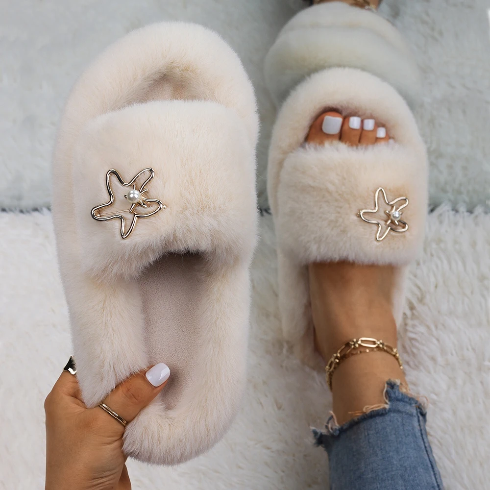 

Women Fur Sandals Pentagram Pearl Fluffy Indoor Slippers Designer Platform Faux Fur Slides Flip Flop Plush Slippers Casual Shoes