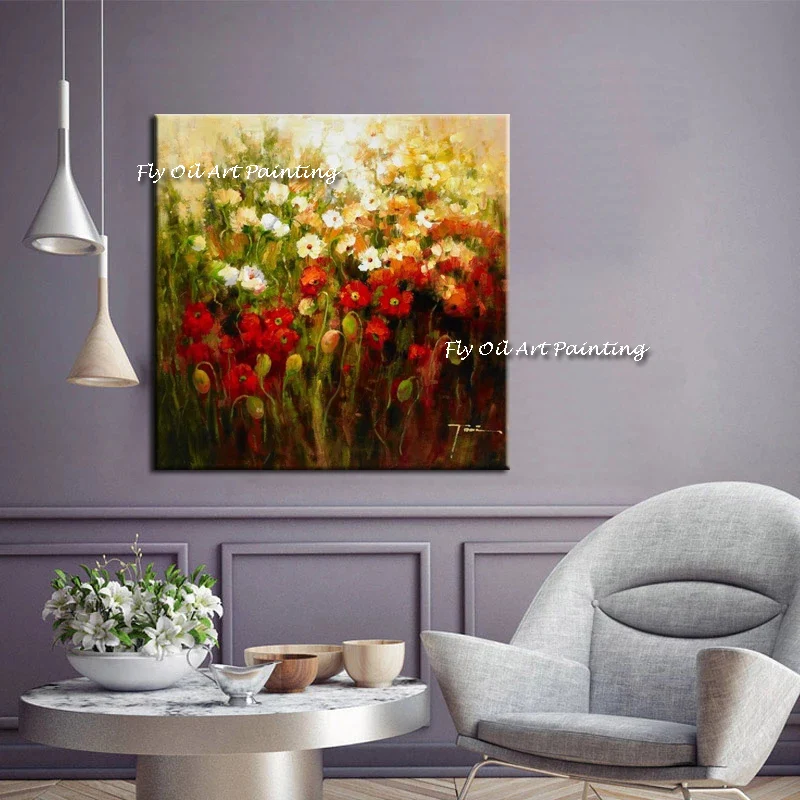 

The Hot Sales 100% Handmade Flower Sea Oil Painting Poster Wall Pictures for Home Decoration Graph Holiday Gift Red Plant Botany