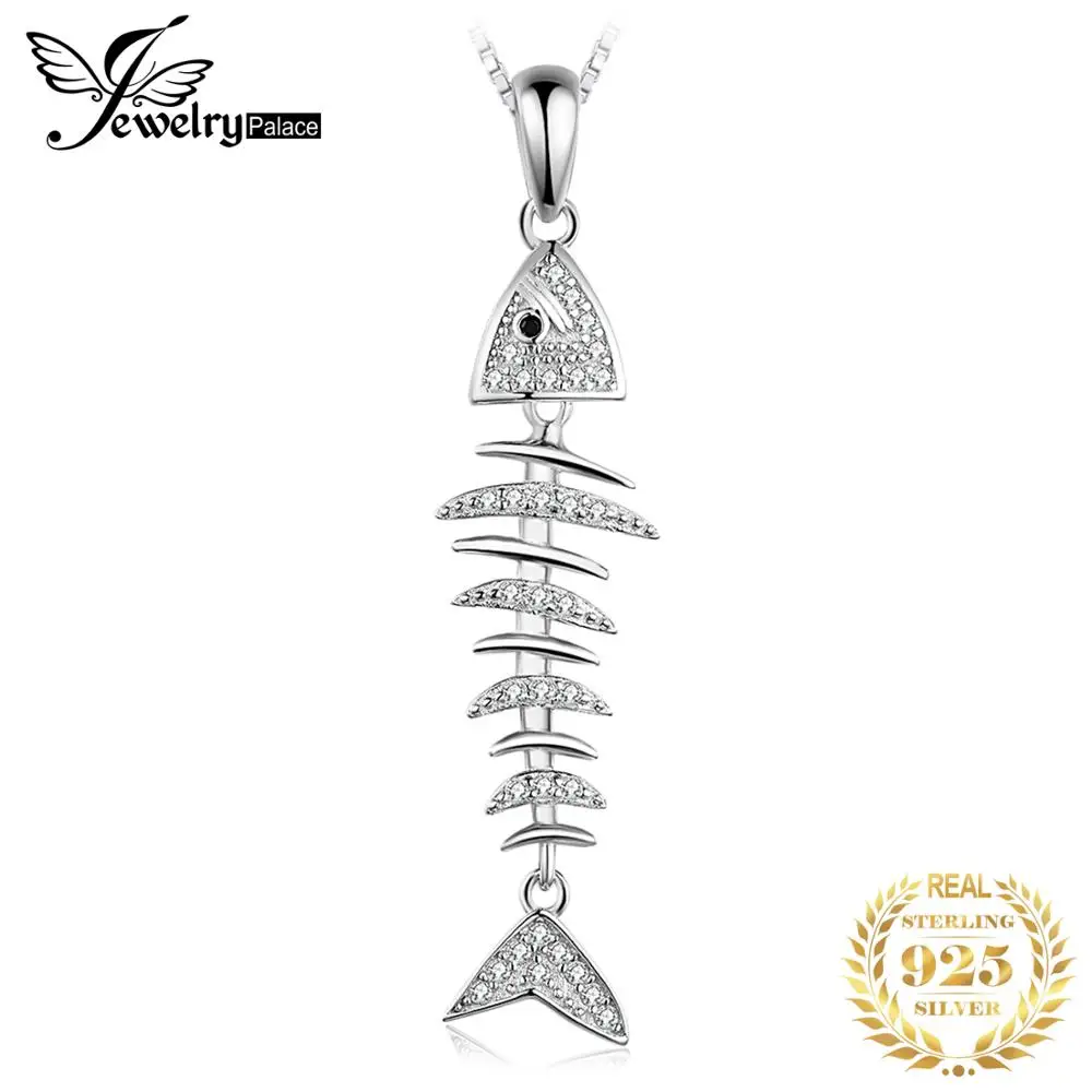 

JewelryPalace Fish Bone 925 Sterling Silver Pendant Necklace Cubic Zirconia Simulated Diamond Necklace Women Fashion No Chain