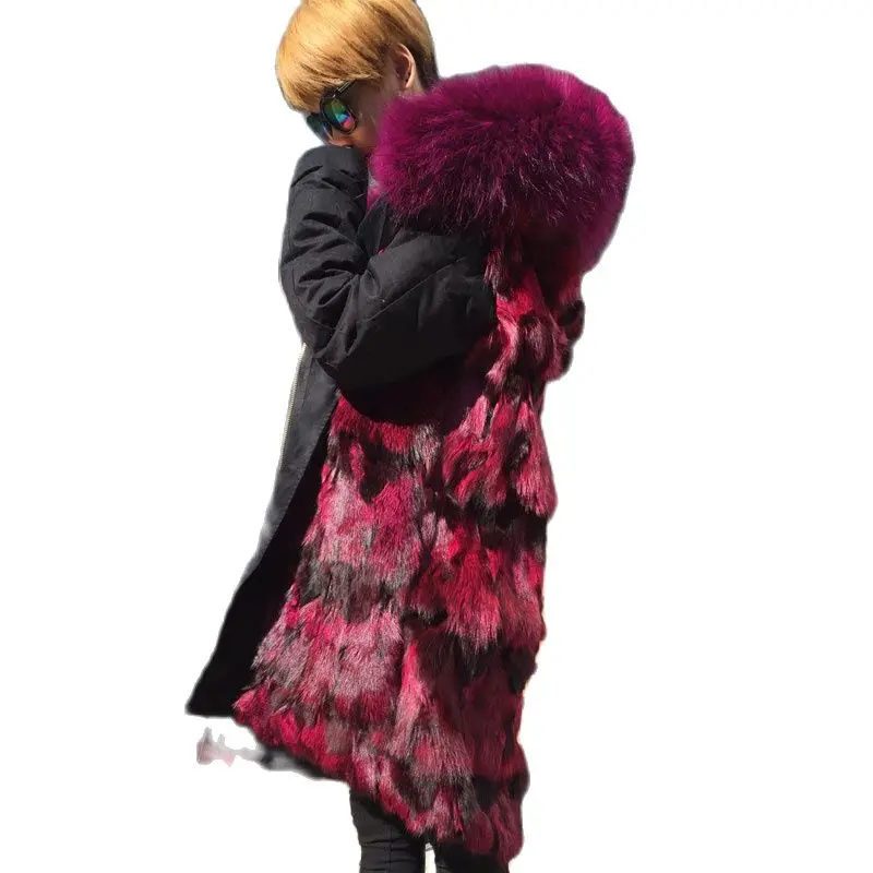 New Arrival Fashion Purple Fox Fur Lined Mr or Mrs Raccoon Fur Hoodies With Thickness Fox Black Long Parka