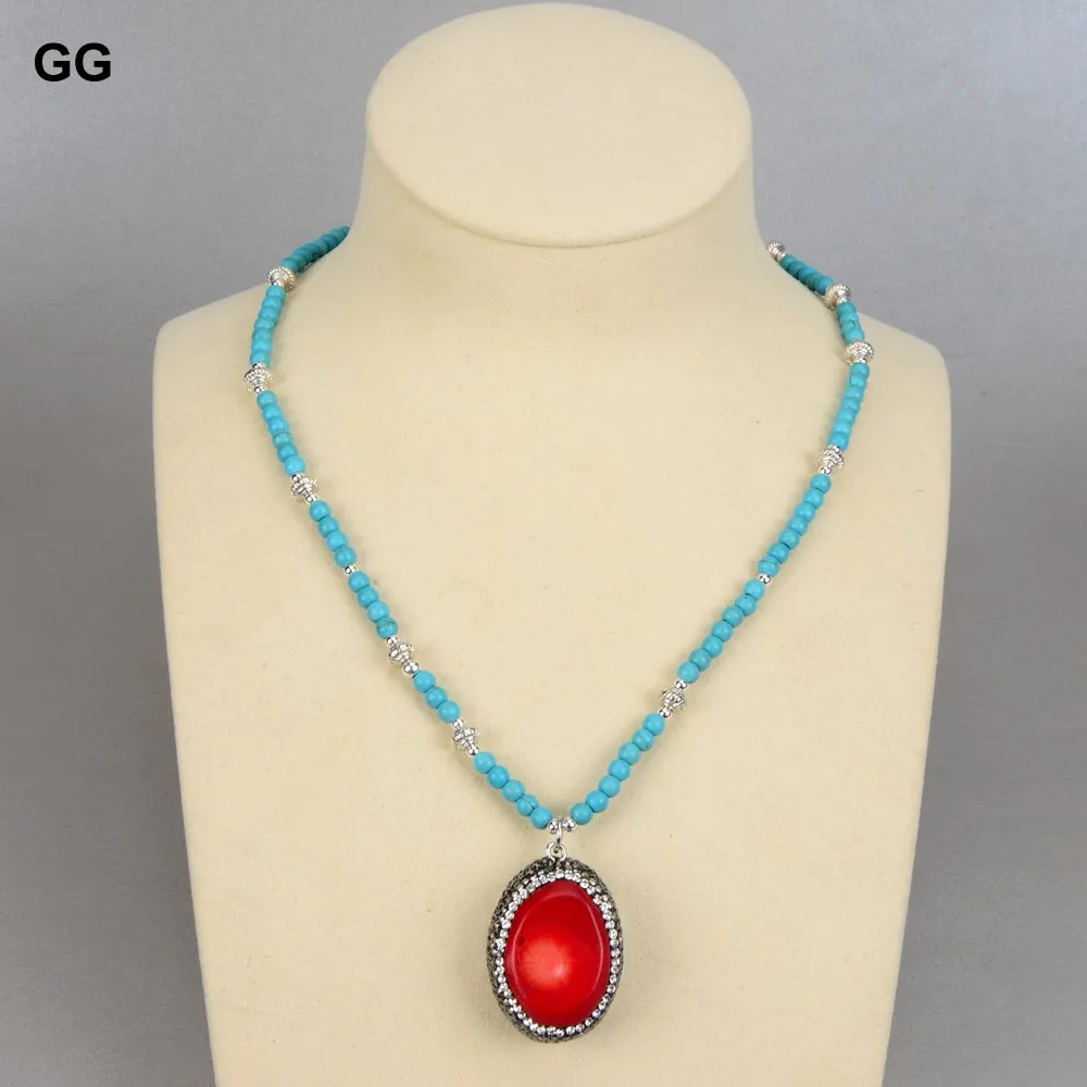 GuaiGuai Jewelry Blue Turquoises Four Seasons Chocker Necklace Red Coral Pendant 18