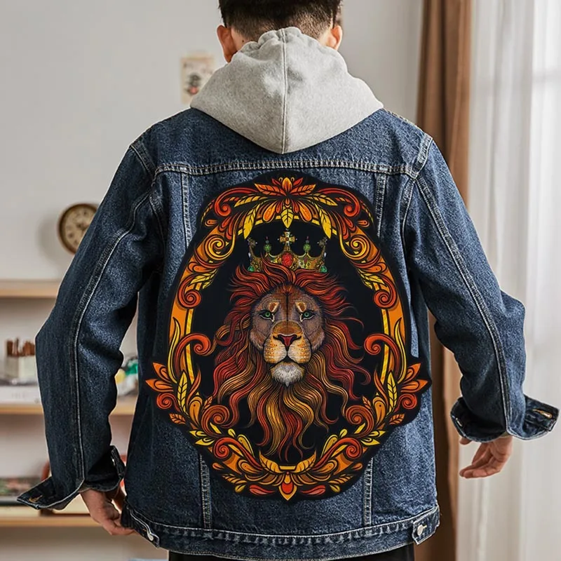 Nuovo grande corona re leone stampato panno da cucire per toppe per abbigliamento T-shirt fai da te maglione giacca cappotto di jeans accessori