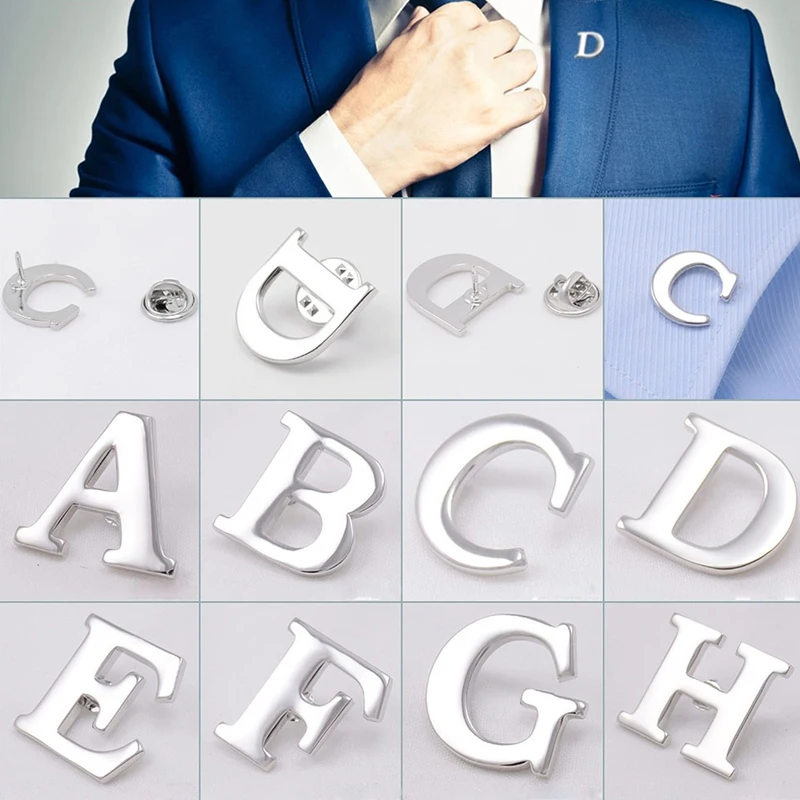 Initial English Letters A to Z Brooch Pin Silver Color Fashion Men Suit Collar Tie Lapel Brooch Pin Decorative Party Jewelry