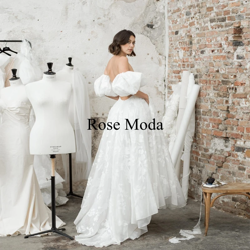 Rose Moda Removable Puff Sleeves Floral Organza Boho Wedding Dress with Slit Backless Destination Bridal Gown